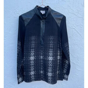 Parker Womens Winona Long Sleeve 100% Silk Half Zip Leather Blouse Black Sz L